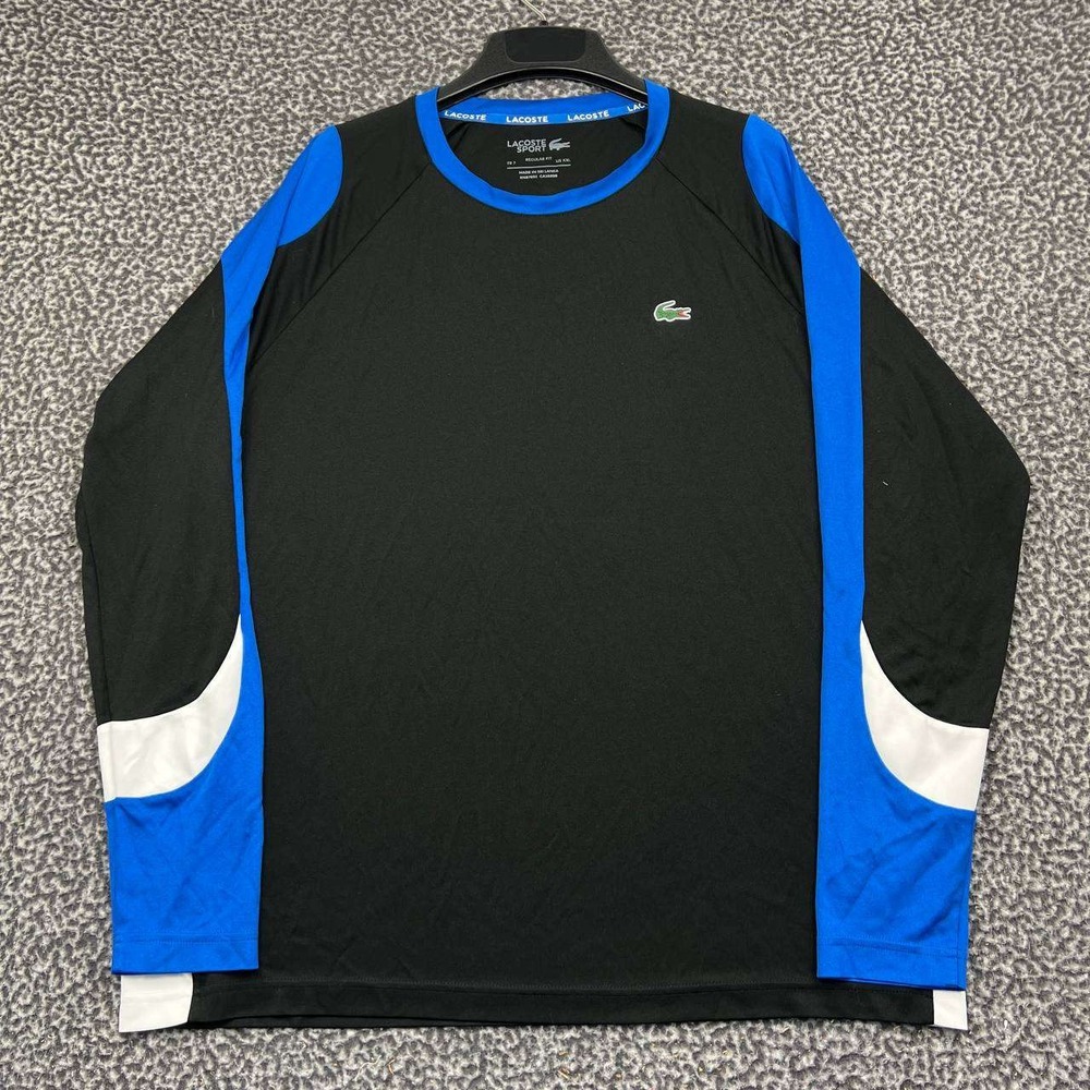 Lacoste Sport Shirt Men 7 XXL Black Blue Long Sleeve Regular Fit Crewneck